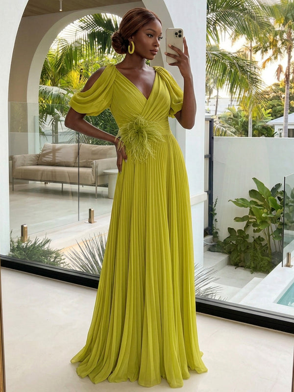 Chiffon A-Line V Neck Long Evening Dresses with Feather Waist