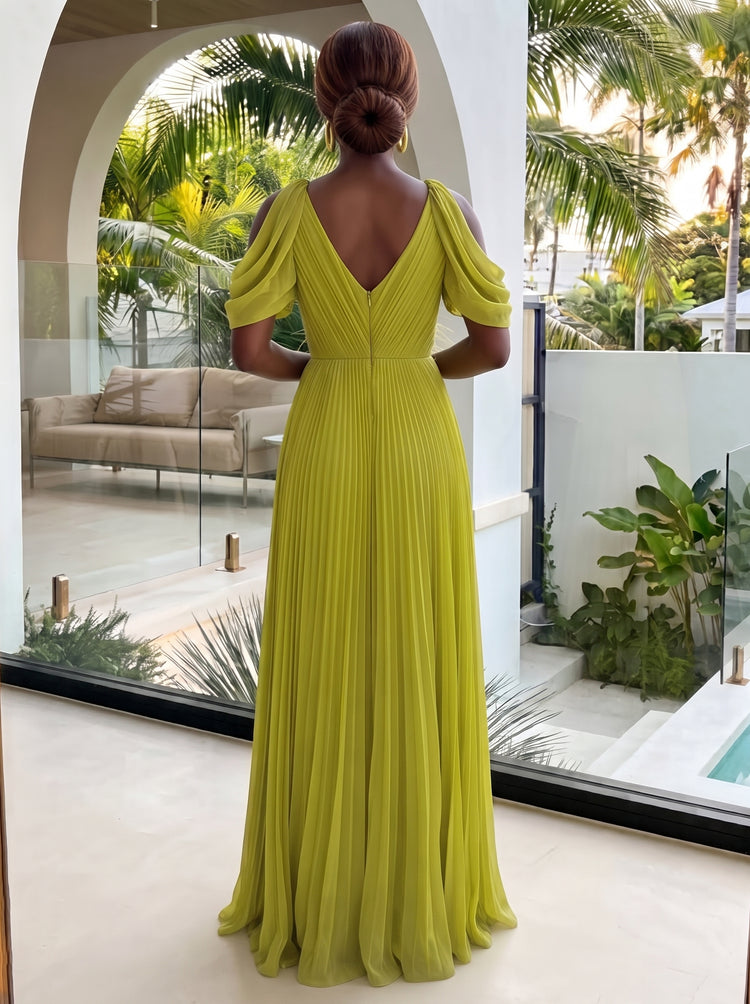Chiffon A-Line V Neck Long Evening Dresses with Feather Waist