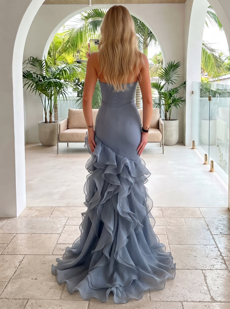 Chiffon Mermaid Strapless Long Evening Dresses with Ruffled Hem