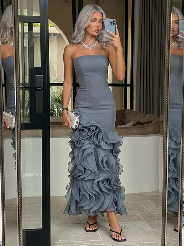 Chiffon Mermaid Strapless Long Evening Dresses with Ruffled Hem