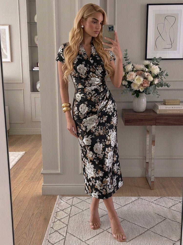 Jacquard Sheath/Column V Neck Midi Evening Dresses with Ruched
