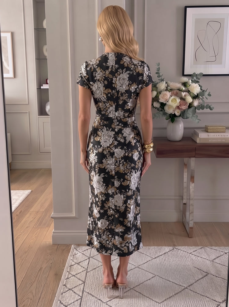 Jacquard Sheath/Column V Neck Midi Evening Dresses with Ruched