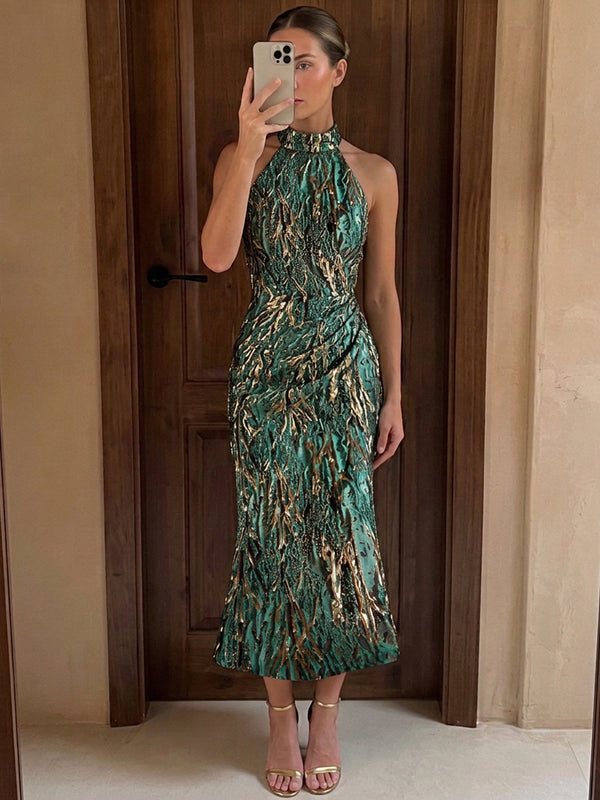 Jacquard Mermaid Halter Midi Evening Dresses with Side Waist Ruched