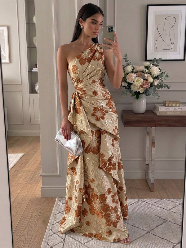 Jacquard A-Line One Shoulder Long Evening Dresses with Ruffles