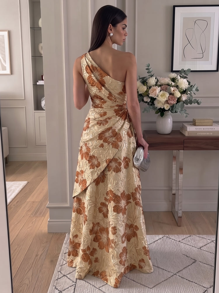 Jacquard A-Line One Shoulder Long Evening Dresses with Ruffles