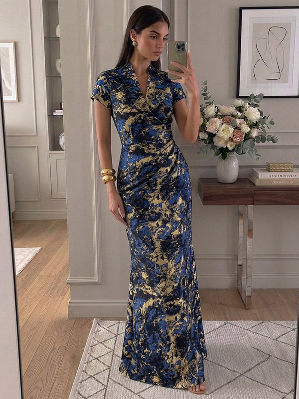 Jacquard Mermaid V Neck Long Evening Dresses with Wrap Front