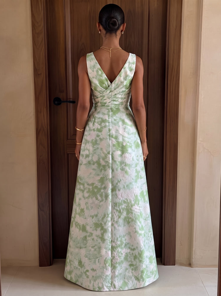 Satin A-Line V Neck Long Evening Dresses with Ruffles