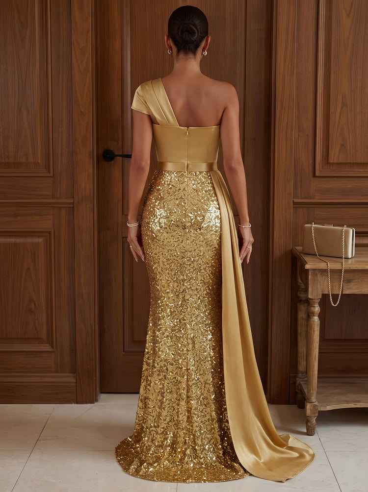 Sequins Mermaid Asymmetric Neck Long Evening Dresses with Twisted Knot