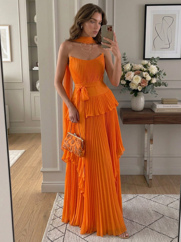 Chiffon A-Line Strapless Long Evening Dresses with Pleated
