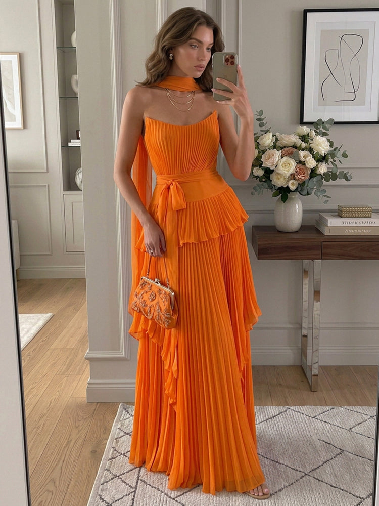 Chiffon A-Line Strapless Long Evening Dresses with Pleated