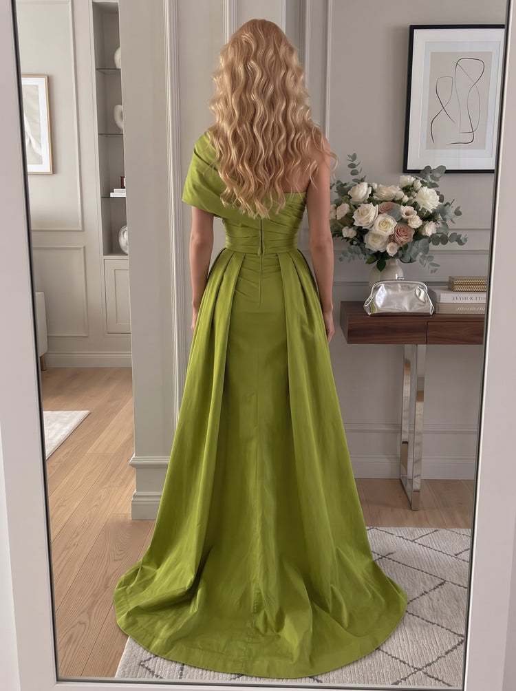 Satin A-Line Off Shoulder Long Evening Dresses with Ruched