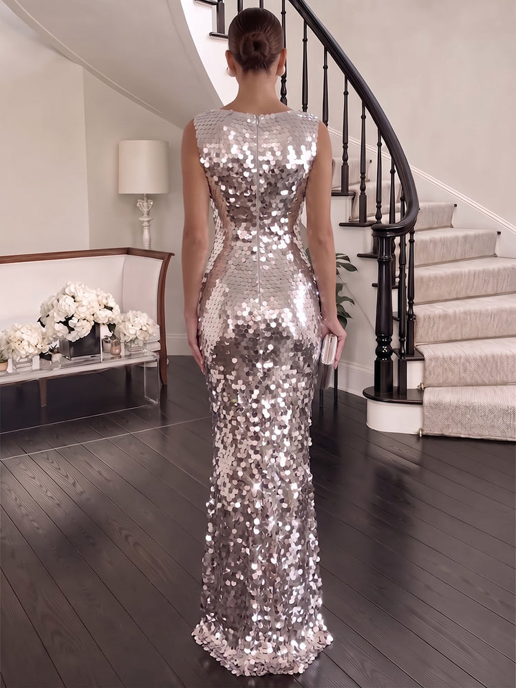 Sequins Mermaid Round Neck Long Evening Dresses with Empire