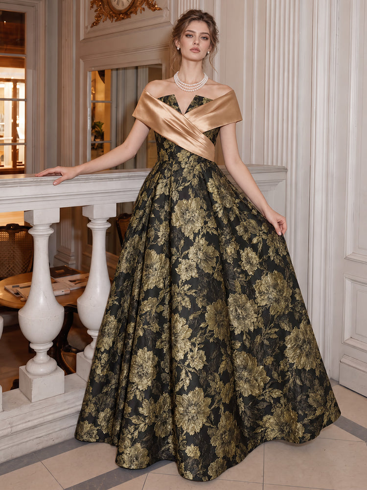 Jacquard A-Line Off Shoulder Long Evening Dresses with Satin Wrap