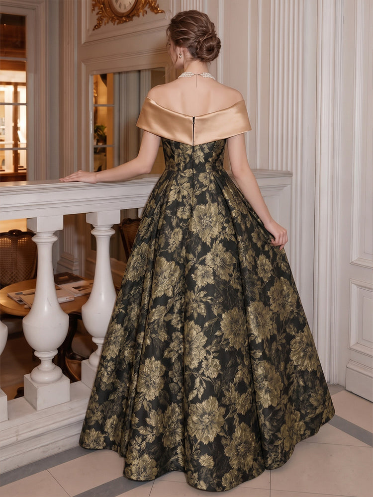 Jacquard A-Line Off Shoulder Long Evening Dresses with Satin Wrap