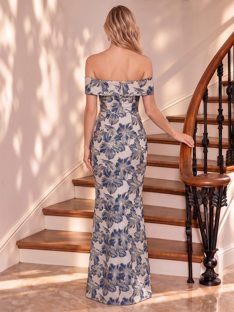 Jacquard Sheath/Column Off Shoulder Long Evening Dresses with Ruffles