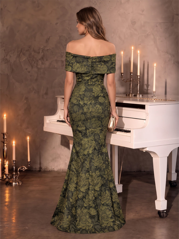 Jacquard Mermaid Off Shoulder Long Evening Dresses with Bow