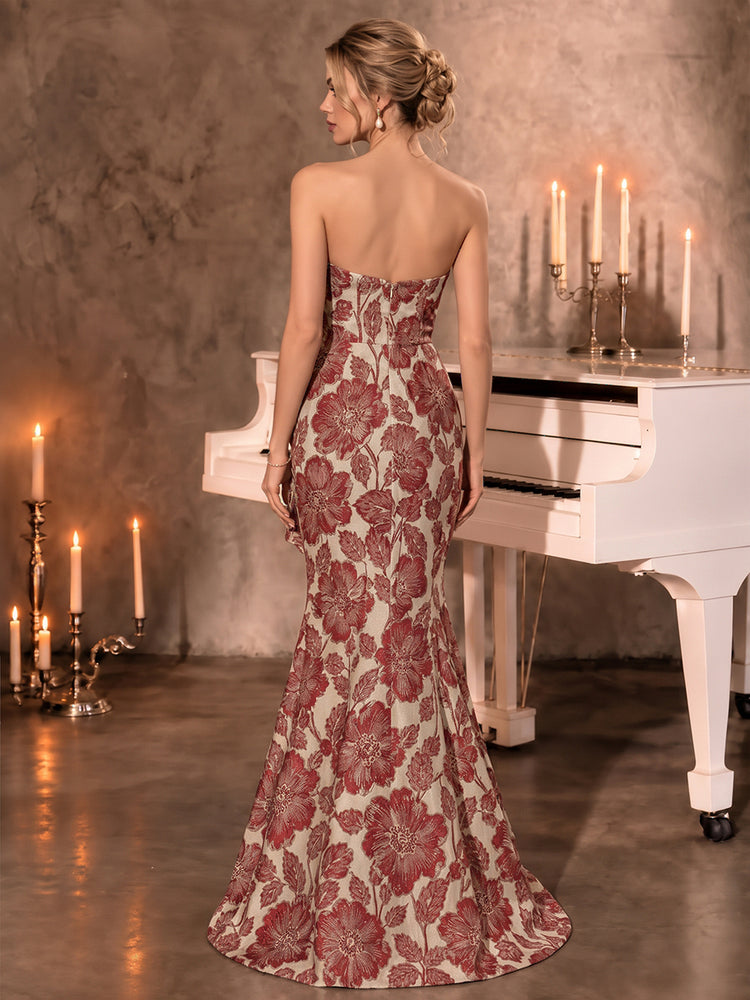 Jacquard Mermaid Asymmetric Neck Long Evening Dresses with Sash