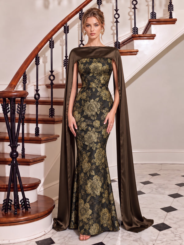 Jacquard Mermaid Boat Neck Long Evening Dresses with Satin Cape