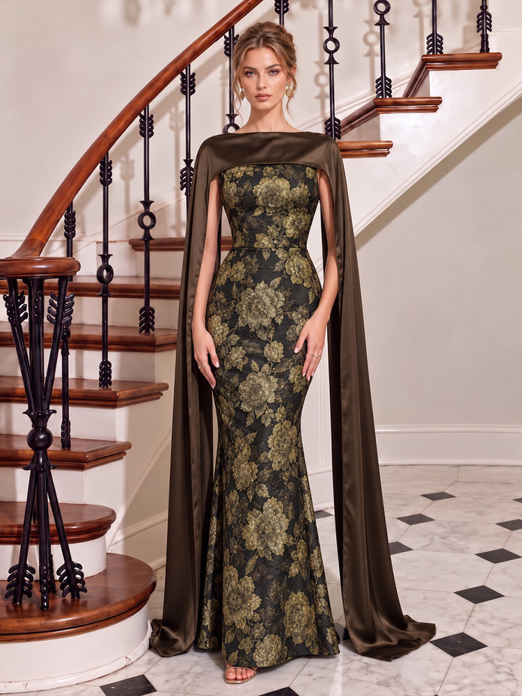 Jacquard Mermaid Boat Neck Long Evening Dresses with Satin Cape