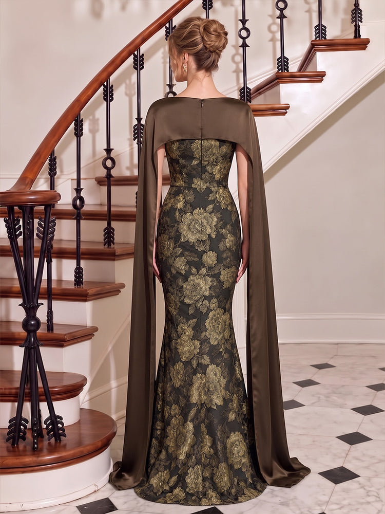 Jacquard Mermaid Boat Neck Long Evening Dresses with Satin Cape