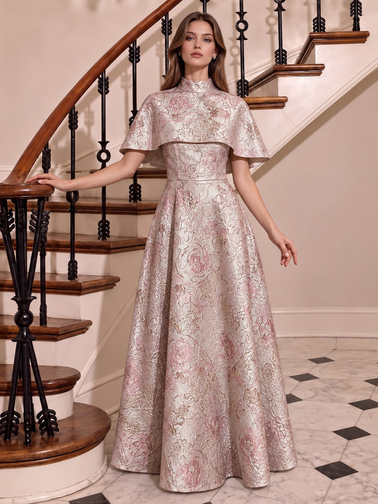 Jacquard A-Line High Neck Long Evening Dresses with Capelet