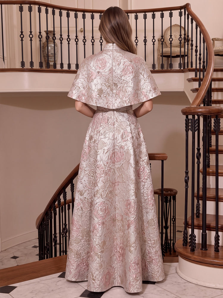 Jacquard A-Line High Neck Long Evening Dresses with Capelet