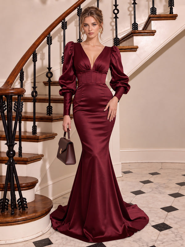 Stretch Satin Mermaid Deep V Long Evening Dresses with Corset Bodice