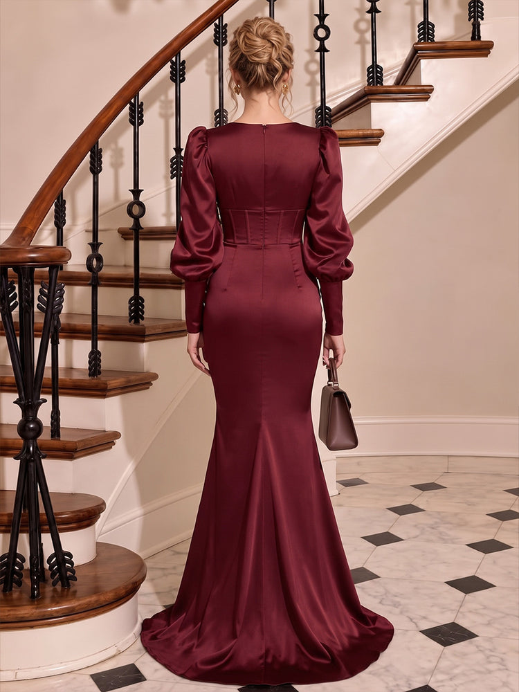 Stretch Satin Mermaid Deep V Long Evening Dresses with Corset Bodice
