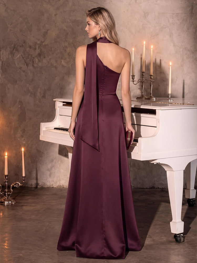 Stretch Satin A-Line Halter Long Evening Dresses with Draped Bodice