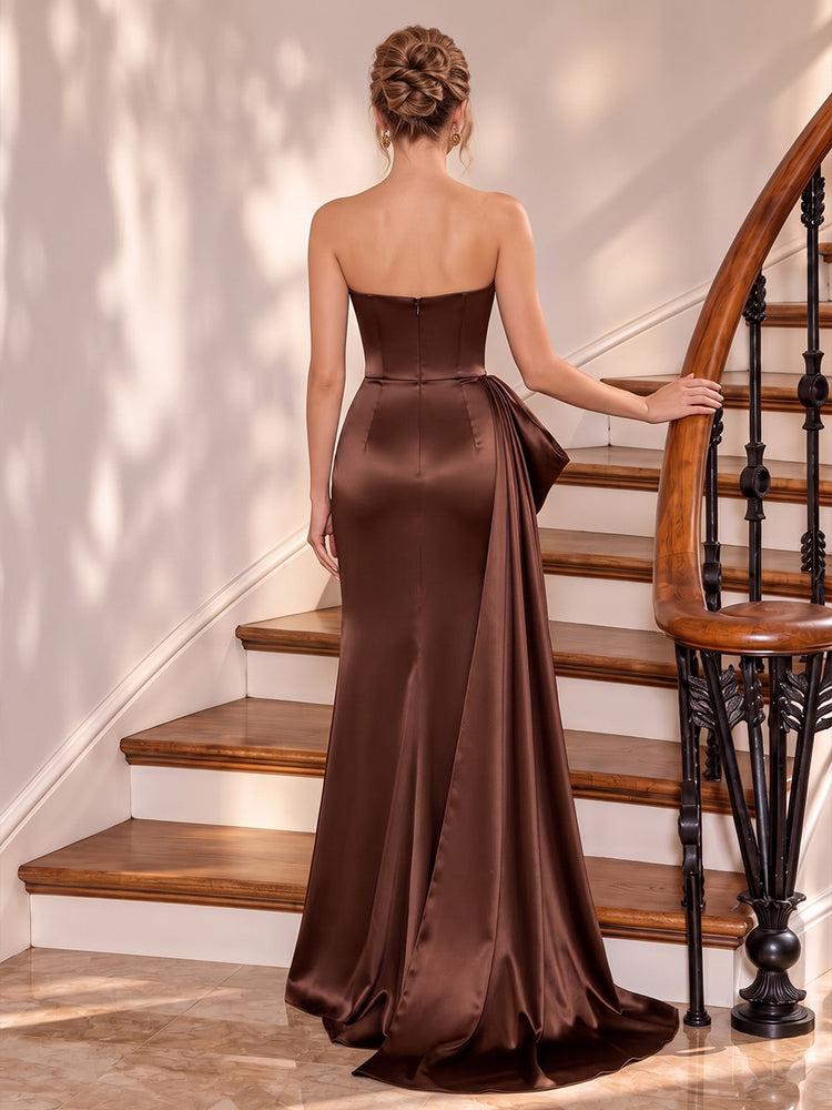 Stretch Satin Mermaid Strapless Long Evening Dresses with Draped Bodice