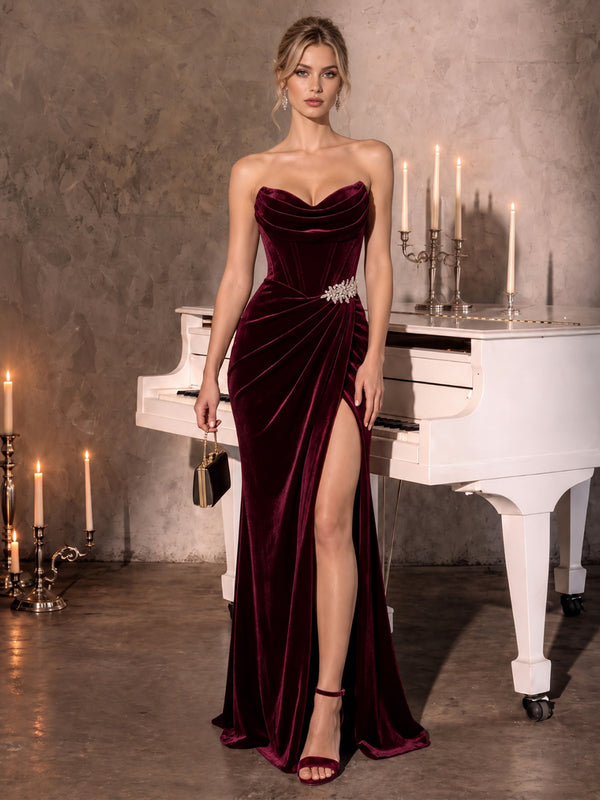 Velvet Mermaid Strapless Long Evening Dresses with Beaded