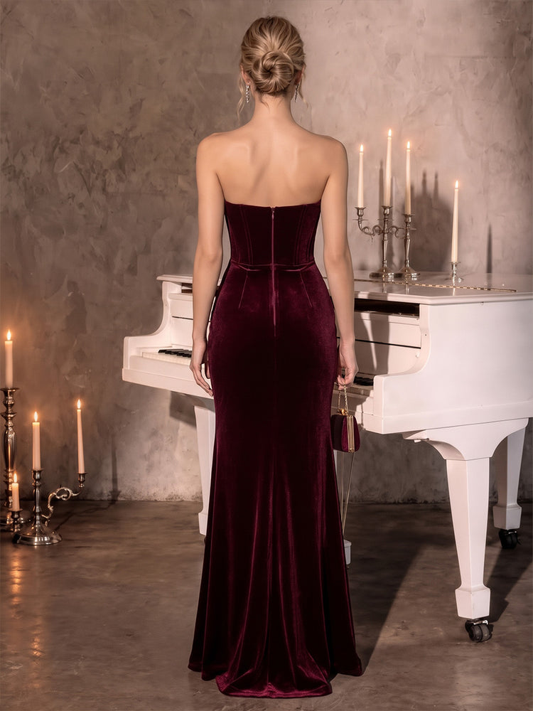 Velvet Mermaid Strapless Long Evening Dresses with Beaded