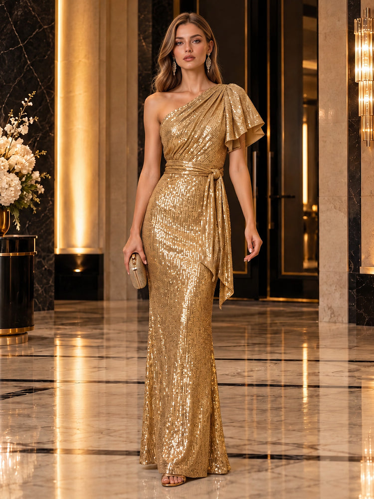 Sequins Mermaid One Shoulder Long Evening Dresses with Draped Bodice