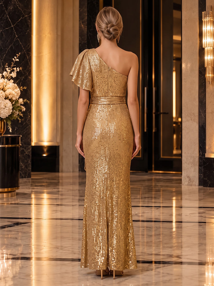 Sequins Mermaid One Shoulder Long Evening Dresses with Draped Bodice