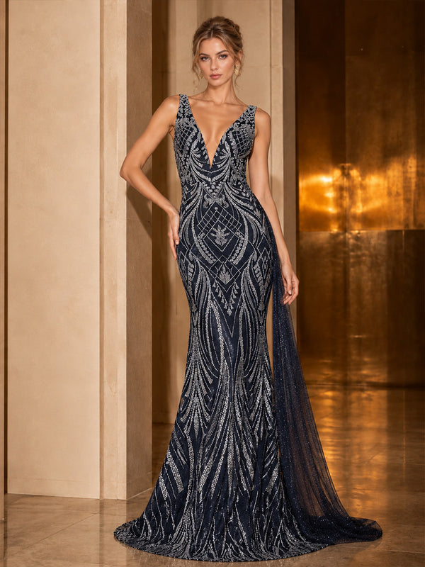 Sequin Embroidery Mermaid V Neck Long Evening Dresses