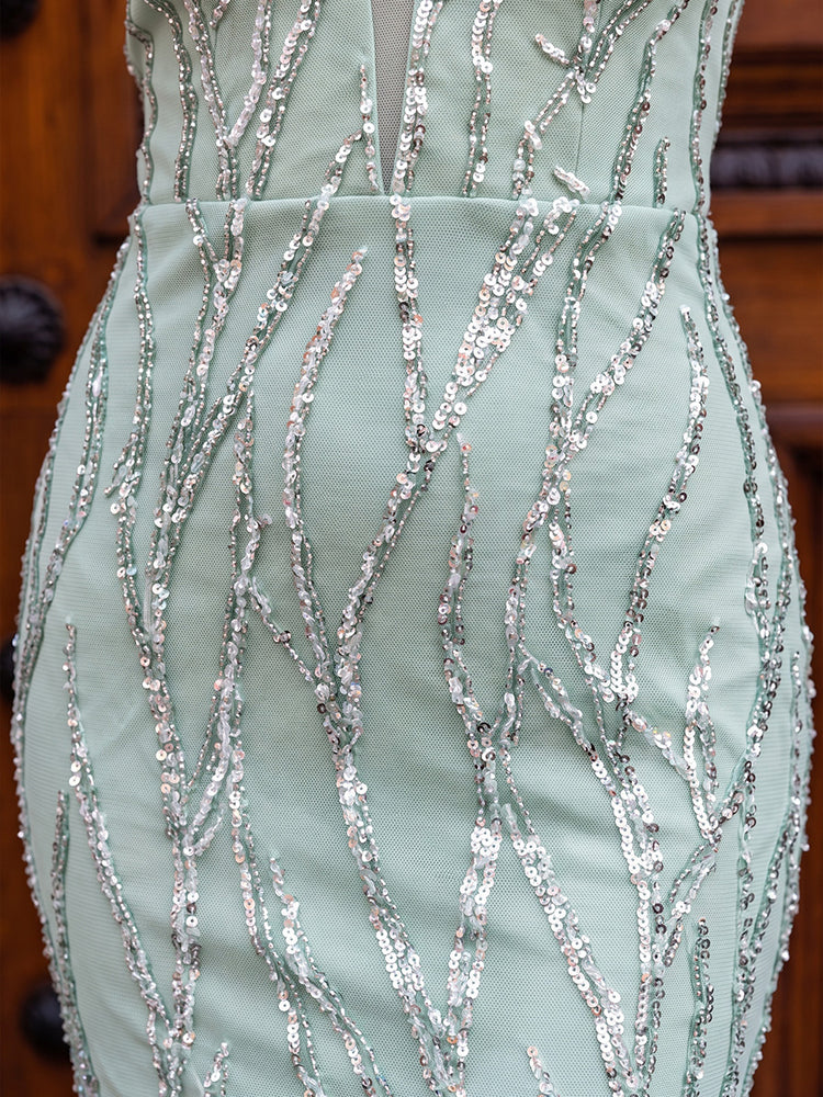 Sequin Embroidery Mermaid V Neck Long Evening Dresses
