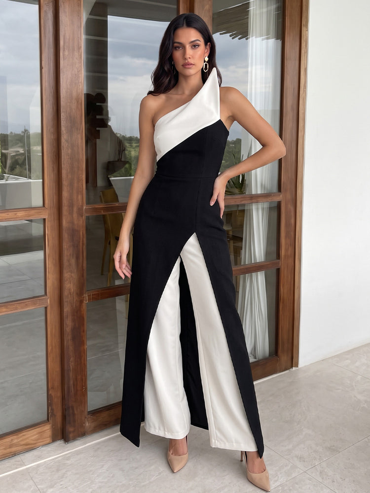 Stretch Crepe Jumpsuit Asymmetric Neck Long Evening Dresses with Split Overlay