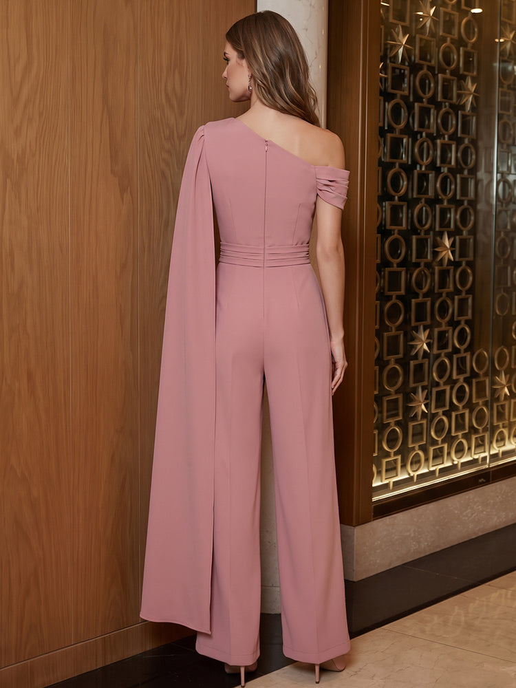 Jersey Jumpsuit Asymmetric Neck Long Evening Dresses with Satin Cape