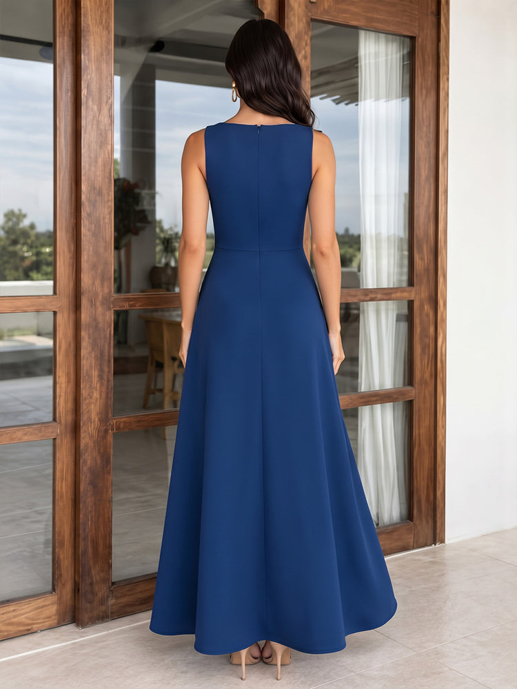 Stretch Crepe Jumpsuit Round Neck Long Evening Dresses with Split Overlay