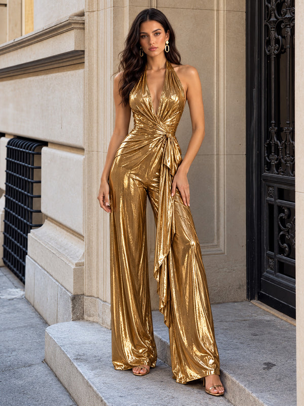 Metallic Satin Jumpsuit Halter Long Evening Dresses with Wrap Front