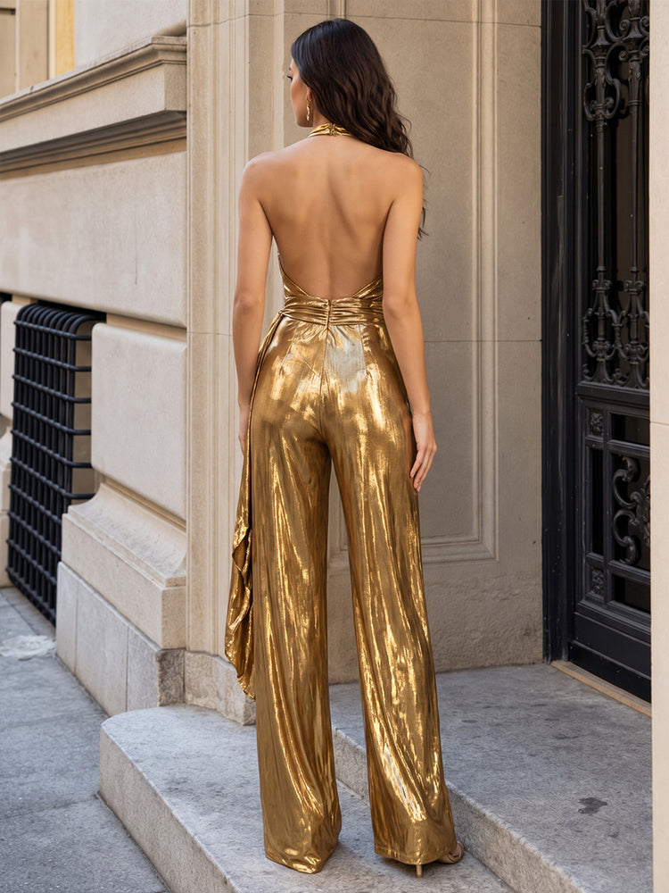 Metallic Satin Jumpsuit Halter Long Evening Dresses with Wrap Front