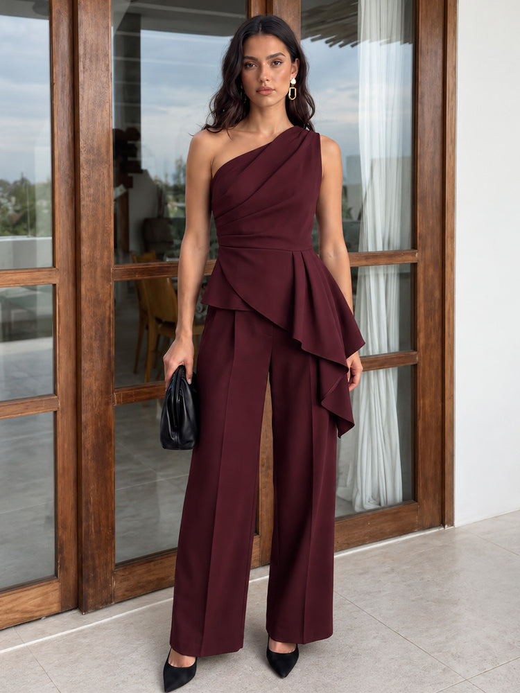 Stretch Crepe Jumpsuit One Shoulder Long Evening Dresses with Draped Peplum