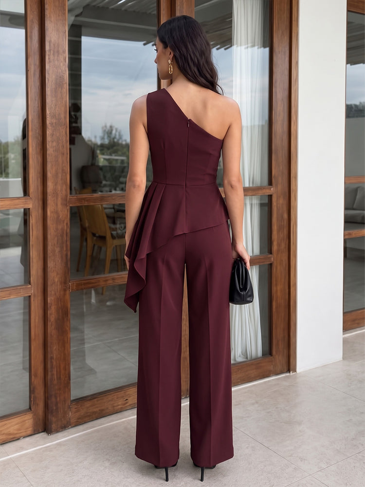 Stretch Crepe Jumpsuit One Shoulder Long Evening Dresses with Draped Peplum