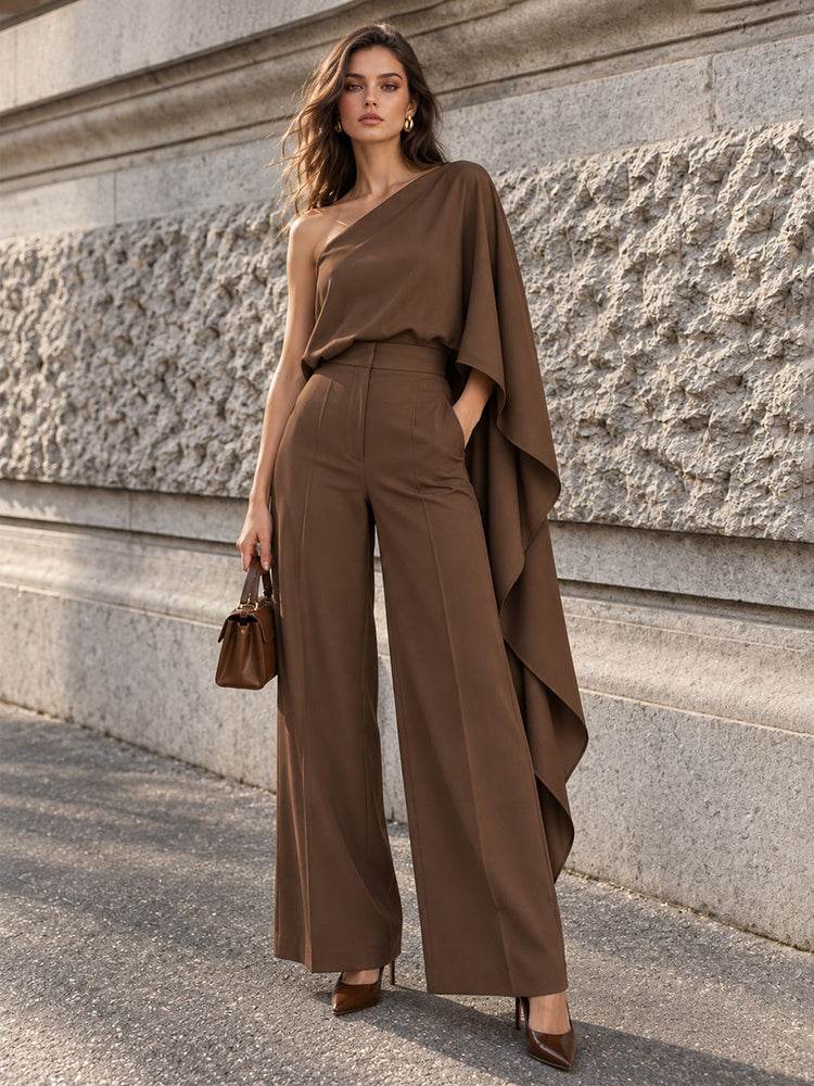 Stretch Crepe Jumpsuit One Shoulder Long Evening Dresses with Satin Cape