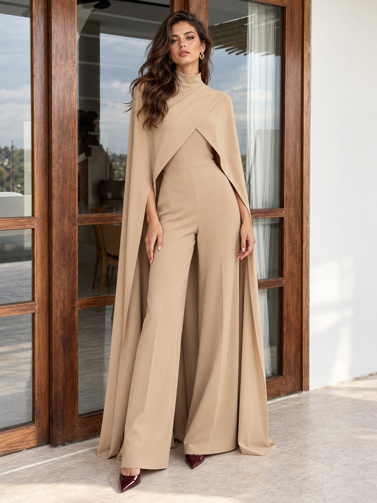 Stretch Crepe Jumpsuit High Neck Long Evening Dresses with Satin Cape