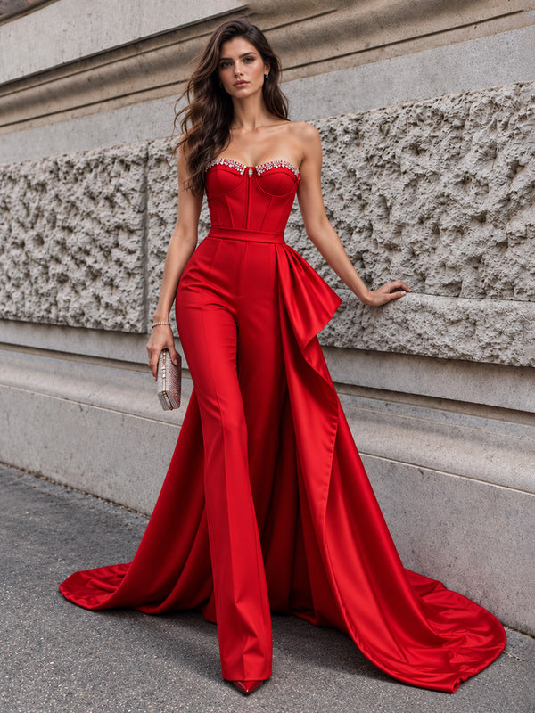 Satin Jumpsuit Strapless Long Evening Dresses with Corset Bodice