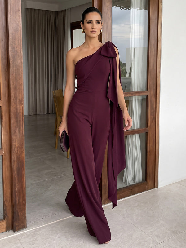 Stretch Crepe Jumpsuit One Shoulder Long Evening Dresses with Draped Bodice