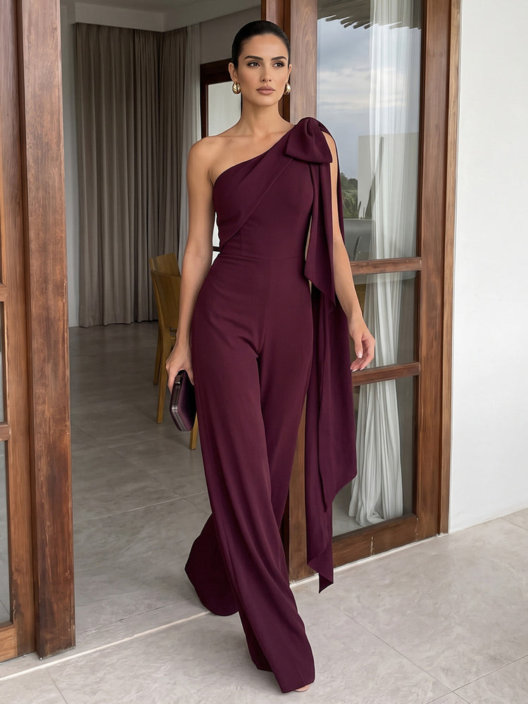 Stretch Crepe Jumpsuit One Shoulder Long Evening Dresses with Draped Bodice