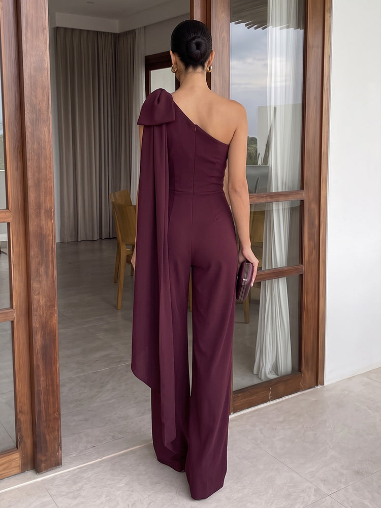 Stretch Crepe Jumpsuit One Shoulder Long Evening Dresses with Draped Bodice