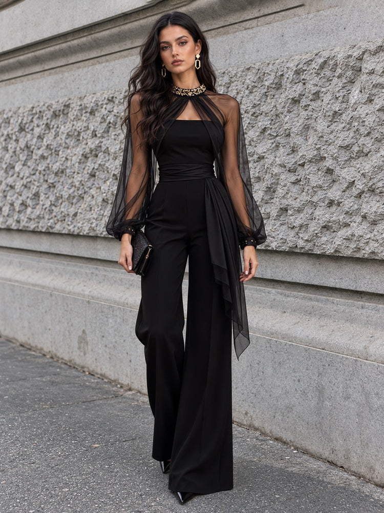Stretch Crepe Jumpsuit High Neck Long Evening Dresses with Beaded